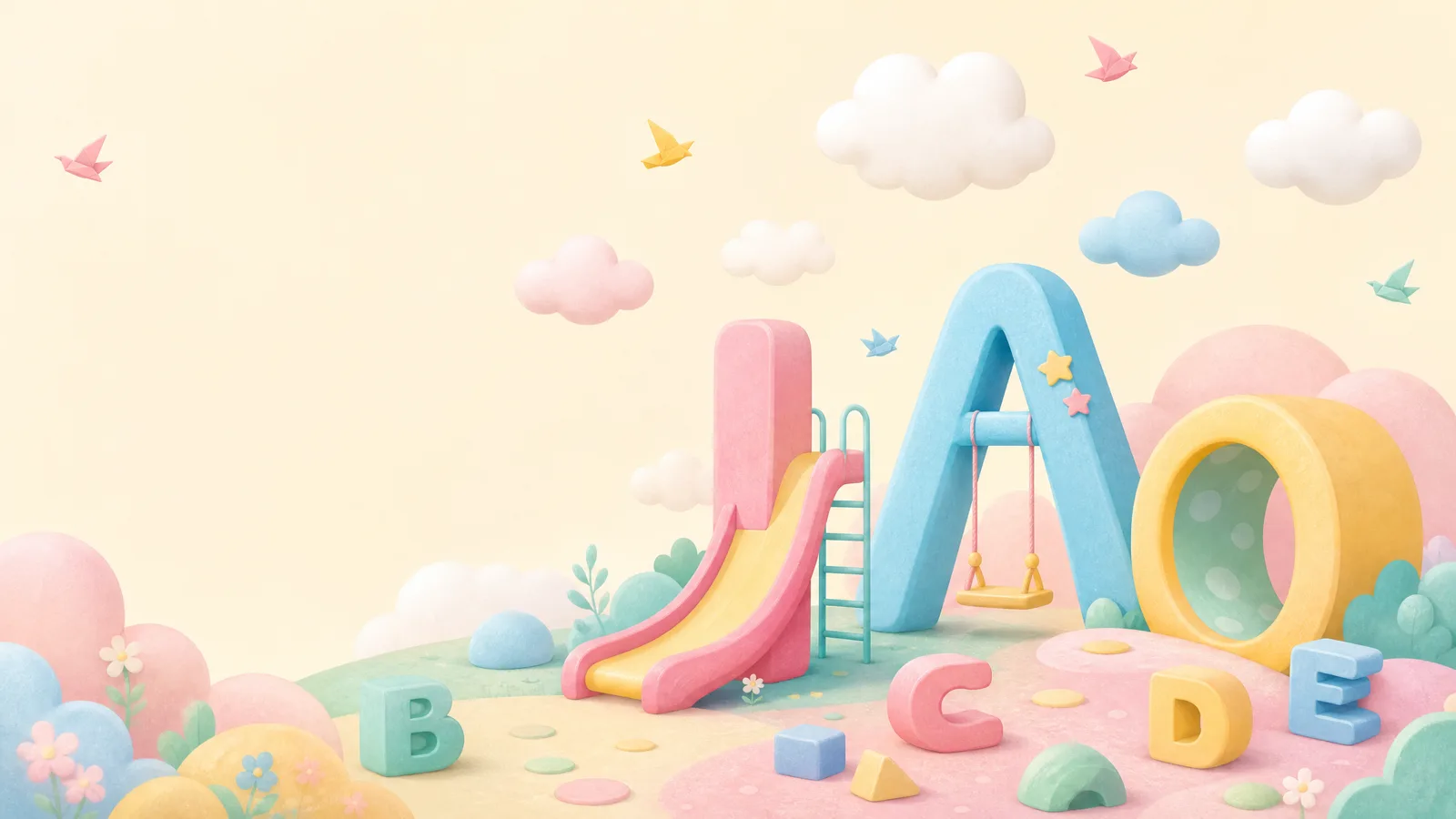 Illustration of a playground built from giant pastel alphabet letters